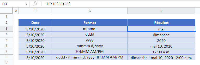 exemple formats date courants conversion google sheets