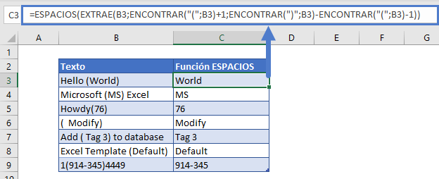 extraer texto entre parentesis función espacios