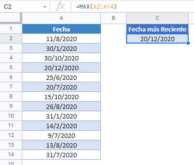 fecha mas alta gsheets