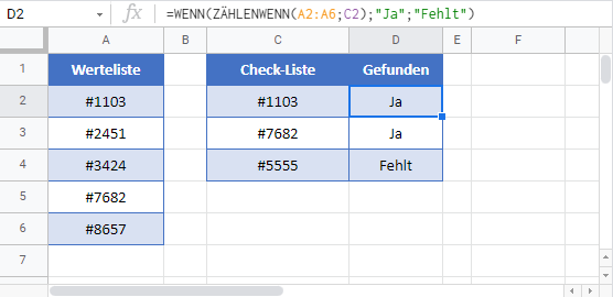 fehlende werte finden google sheets