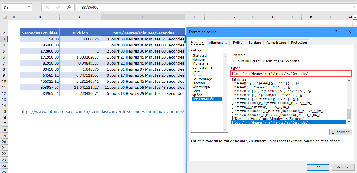 fenetre dialogue menu format cellule jours heures minutes secondes