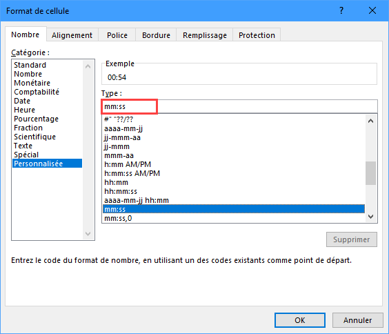 fenetre dialogue menu format cellule mm ss