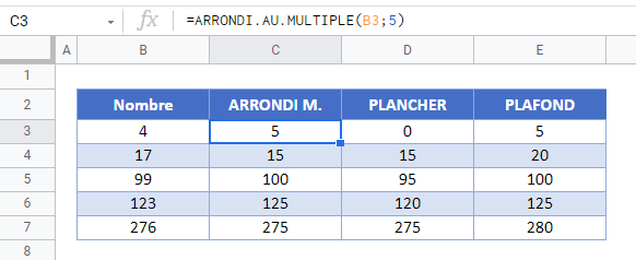 fonction arrondi au multiple 5 google sheets