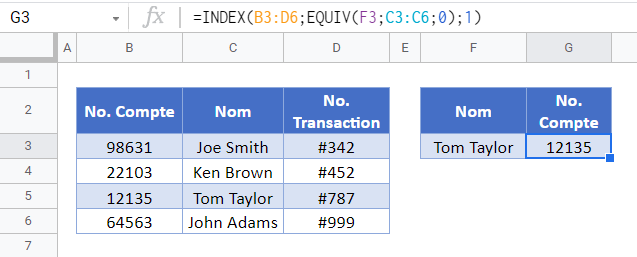 fonction index equiv google sheets