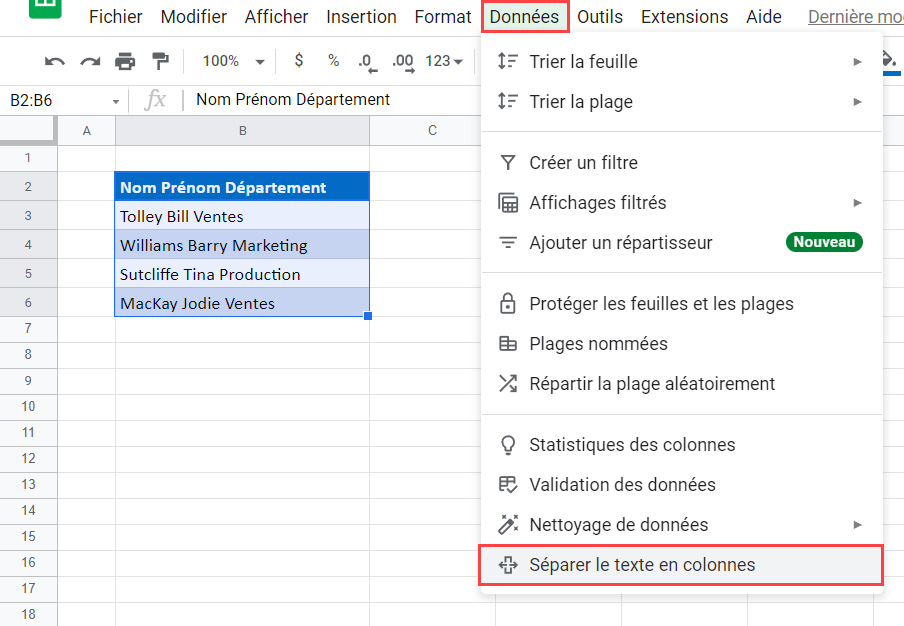 fonction separer texte en colonne google sheets