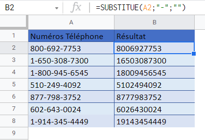 fonction substitue remplacement texte simple google sheets