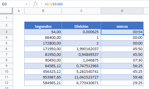 formato minuto segundo tabla gsheets