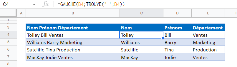 formules separation texte google sheets