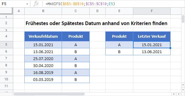 fruehestes spaetestes datum mit kriterien finden google sheets