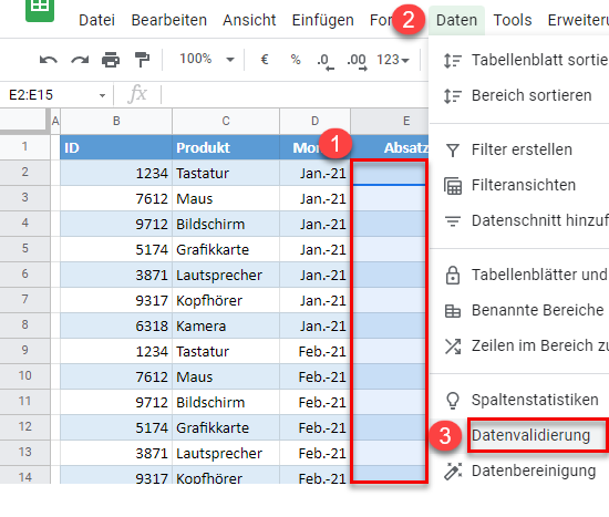 google sheets Datenüberprüfung