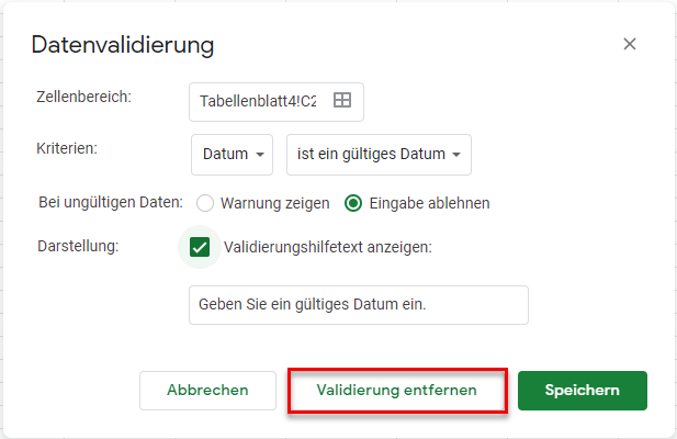 google sheets Datenüberprüfung entfernen