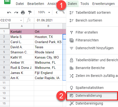 google sheets Datenüberprüfung