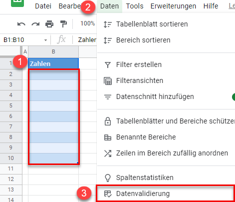 google sheets Zellenwert beschränken