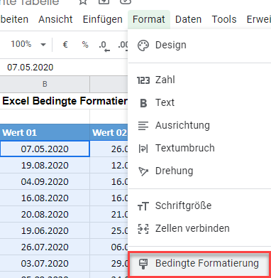 google sheets bedingte Formatierung Datum in Zelle menü