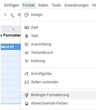 google sheets bedingte Formatierung menü 1