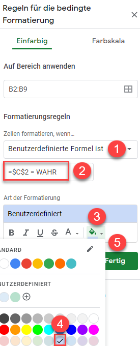 google sheets bedingte Formatierung mit Kontrollkasten 1a