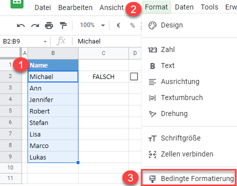 google sheets bedingte Formatierung mit Kontrollkasten