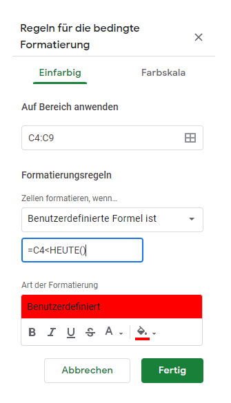 google sheets bedingte Formatierung überfällige Daten heute Funktion