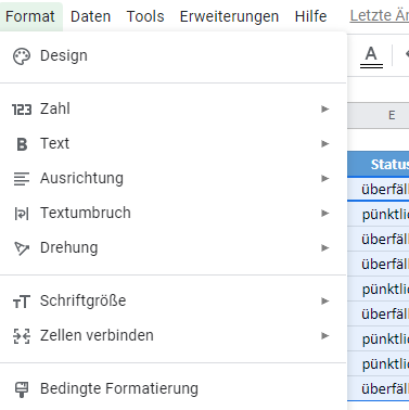 google sheets bedingte Formatierung wenn Statement menü