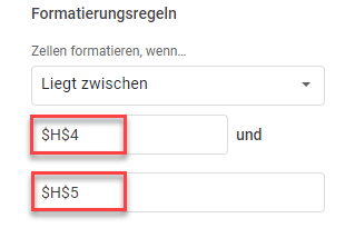 google sheets bedingte Formatierung zwischen zwei Zahlen Format Regeln