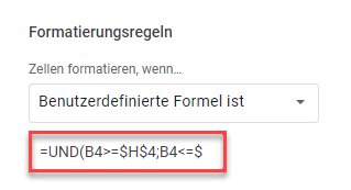 google sheets bedingte Formatierung zwischen zwei Zahlen benutzerdefinierte Formel