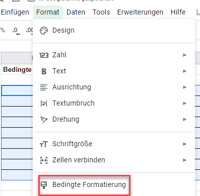 google sheets bedingte Formatierung zwischen zwei Zahlen menü