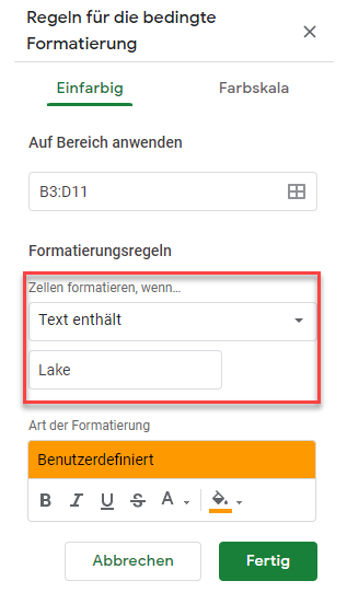 google sheets enthält bestimmten Text bedingte Formatierung