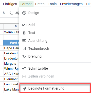 google sheets enthält bestimmten Text menü