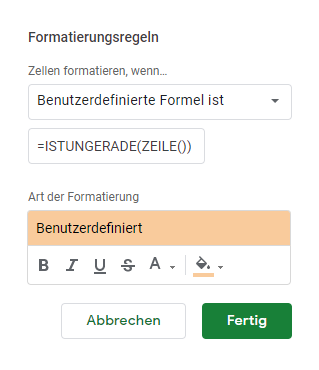 google sheets jede zweite Zeile hervorheben zweite Regel Formel