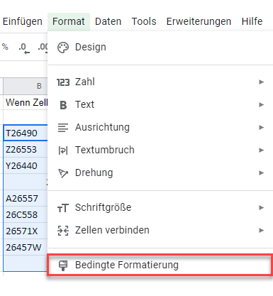 google sheets wenn Zelle beliebigen Text enthält menü