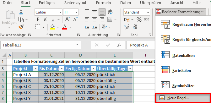 hervorhebe zeilen die enthalten menü