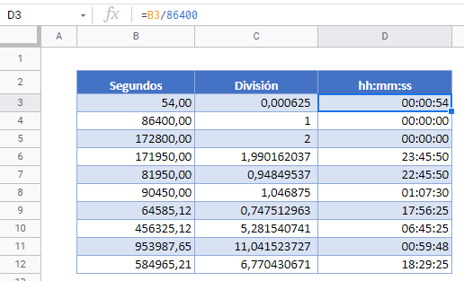 hora minuto segundo tabla gsheets