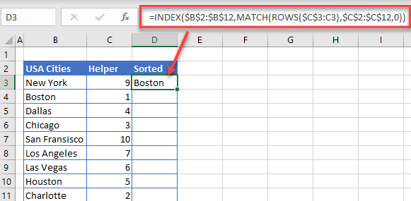 how to sort city list index match