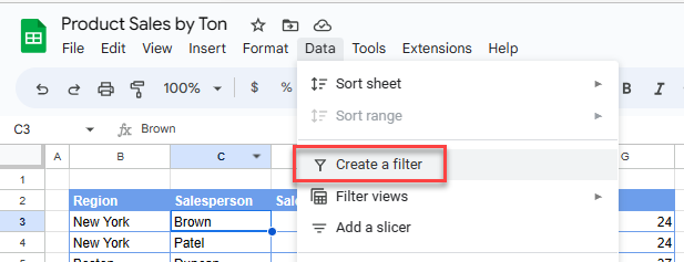 how to sort gs create filter 
