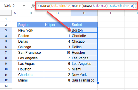 how to sort gs formula index match