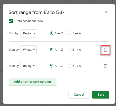 how to sort gs range delete column