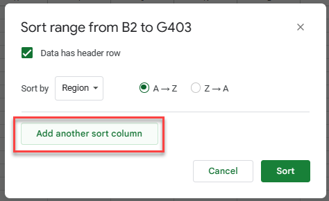 how to sort gs range add row