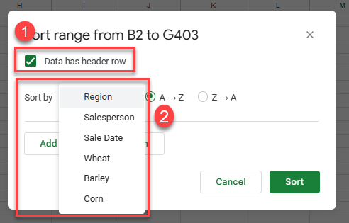 how to sort gs range header row