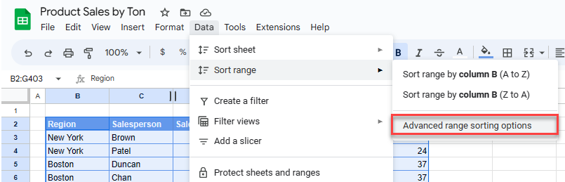 how to sort gs range range