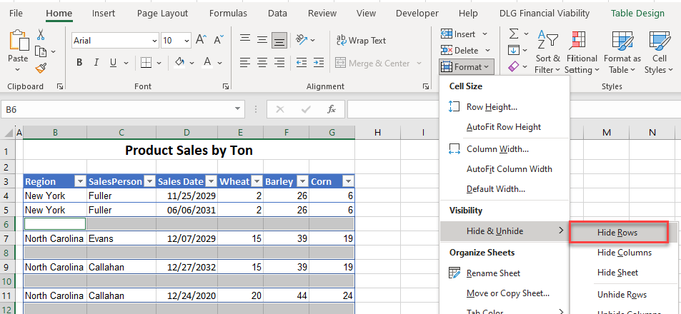 how to sort hide rows