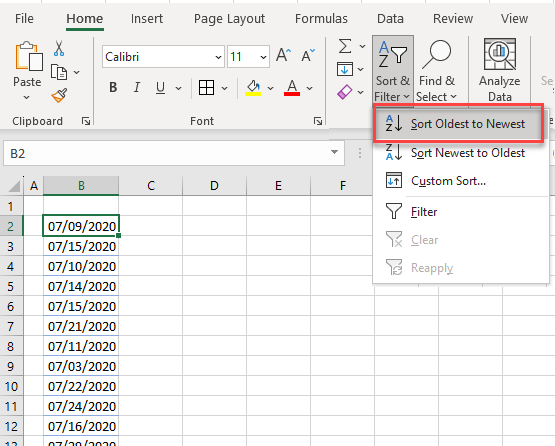 how to sort select dates ribbon