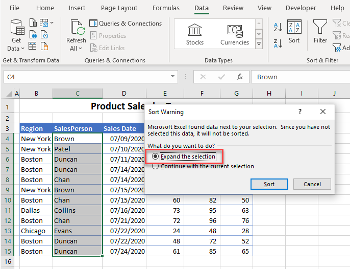 how to sort select single column expand