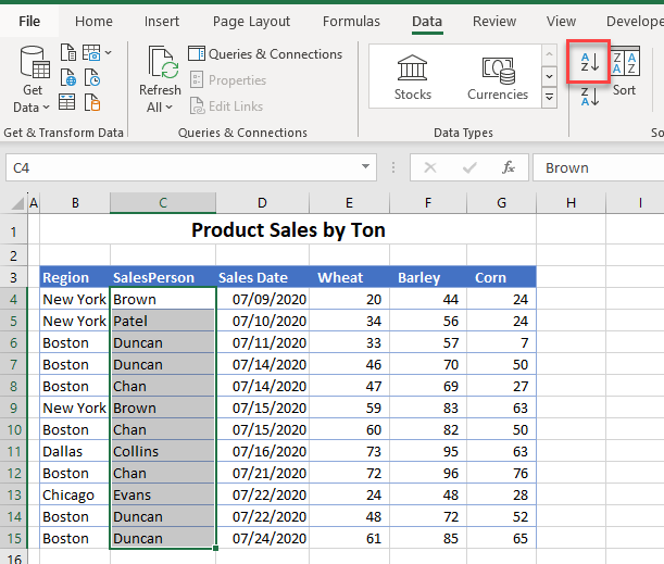 how to sort select single column ribbon