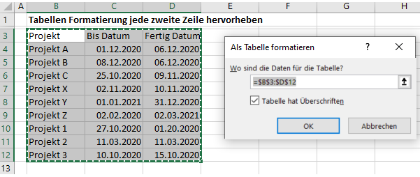 jede zweite Zeile hervorheben Format Tabelle Bereich