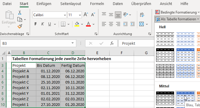 jede zweite Zeile hervorheben Format als Tabelle 1