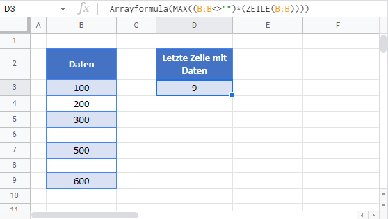 letzte zeile mit daten google sheets