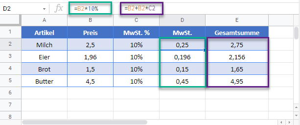 mehrwertsteuer berechnen google sheets