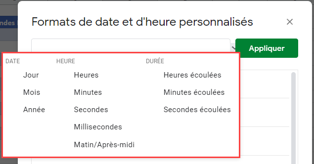 menu format additionnels date heure google sheets