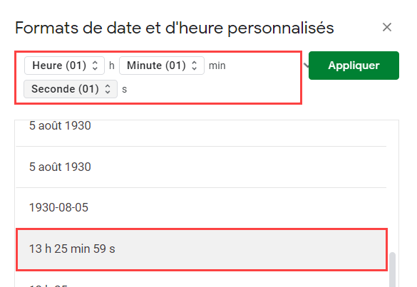 menu format date heure minutes secondes complet google sheets