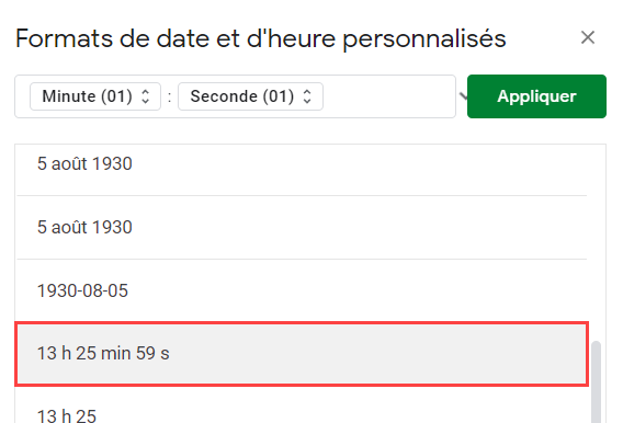 menu format date heure minutes secondes google sheets